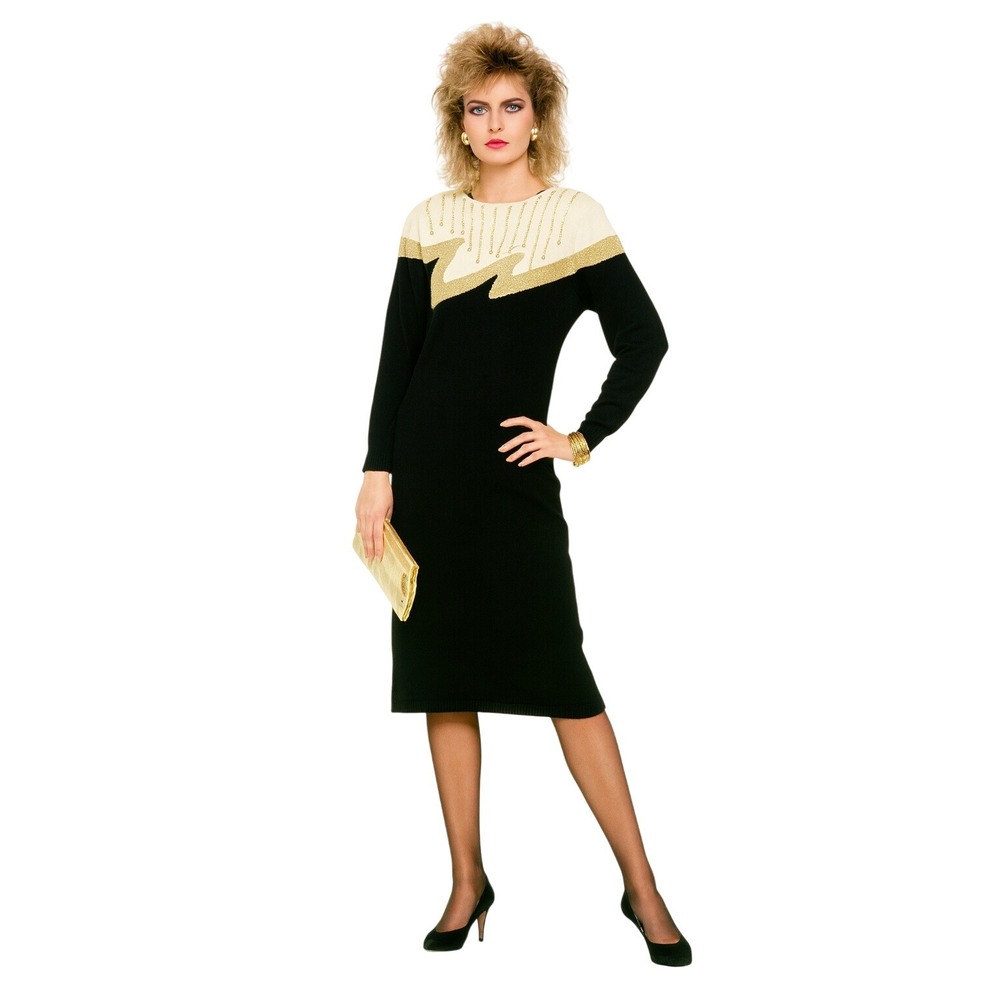 Betsy's Things Vintage Black Gold Beaded Knit Sweater Dress M Long‎ Sleeve
